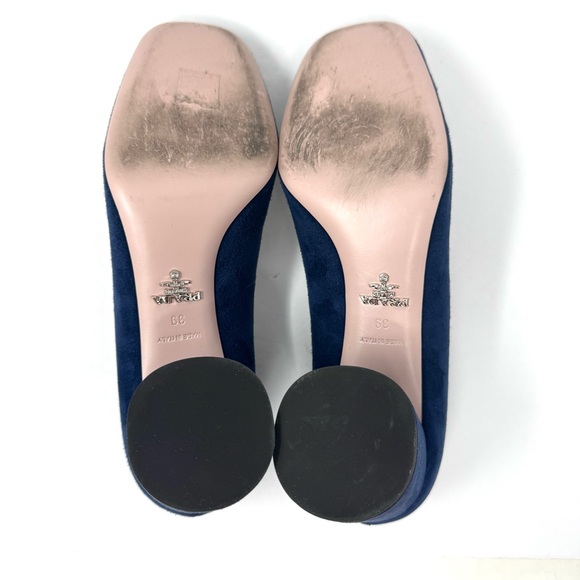 PRADA blue suede block heels, silver tone floral accents, made in Italy, size 39 - Picture 13 of 13